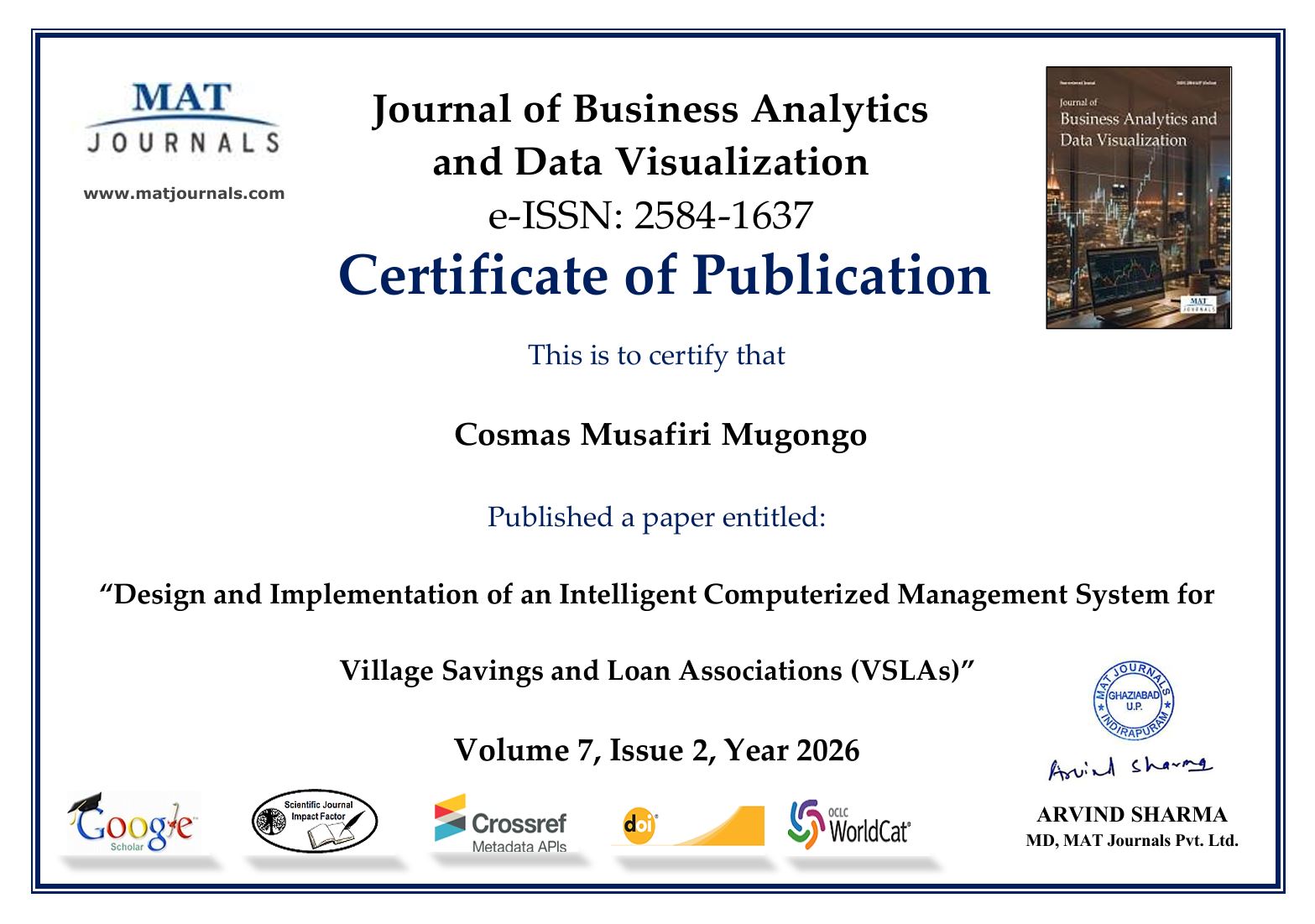 Certificat de publication scientifique – Journal of Business Analytics and Data Visualization
